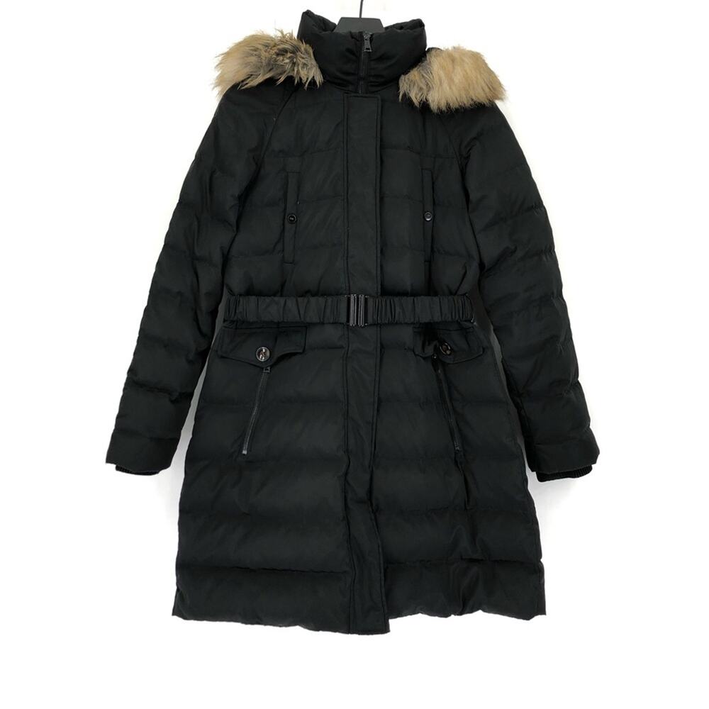 JONES NEW YORK Belted Puffer Jacket Faux Fir Trim Black M